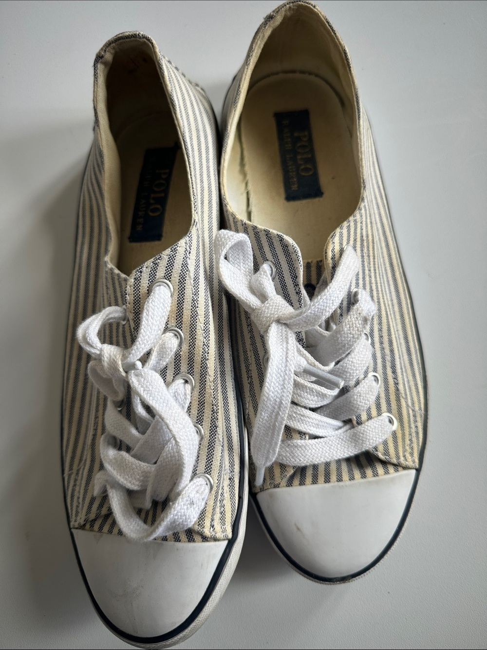 Ralph Lauren Striped Canvas Sneakers in White and Navy